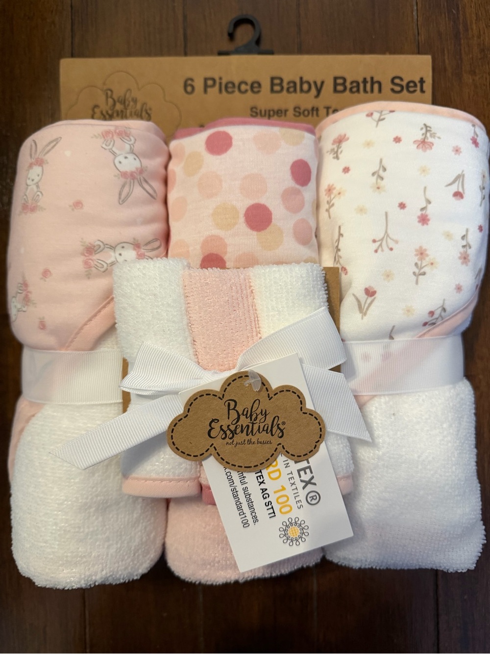 Baby Essentials Hooded Towel & Washcloth Set - Pink, White, Cream Baby Bath Set